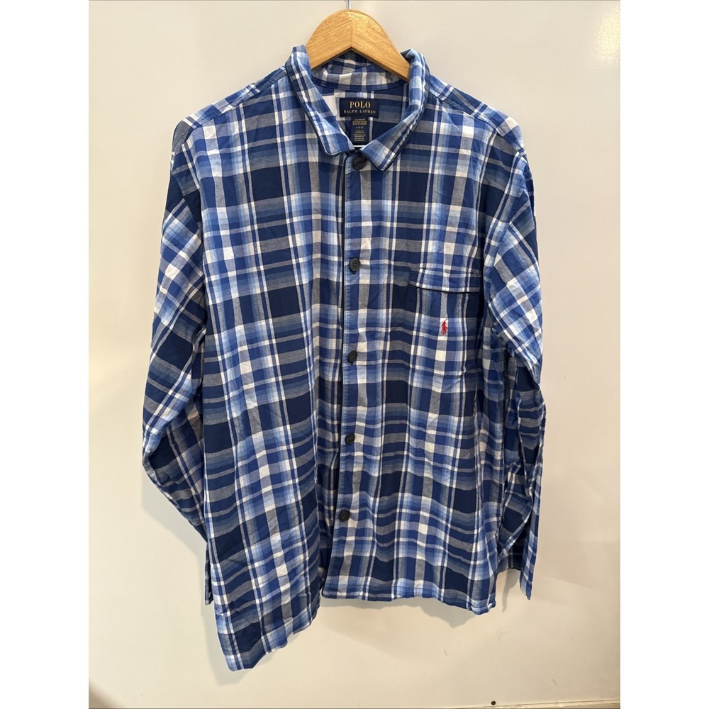 Polo Ralph Lauren Shirt Mens Medium Blue Plaid Long Sleeve Sleepwear Button Up